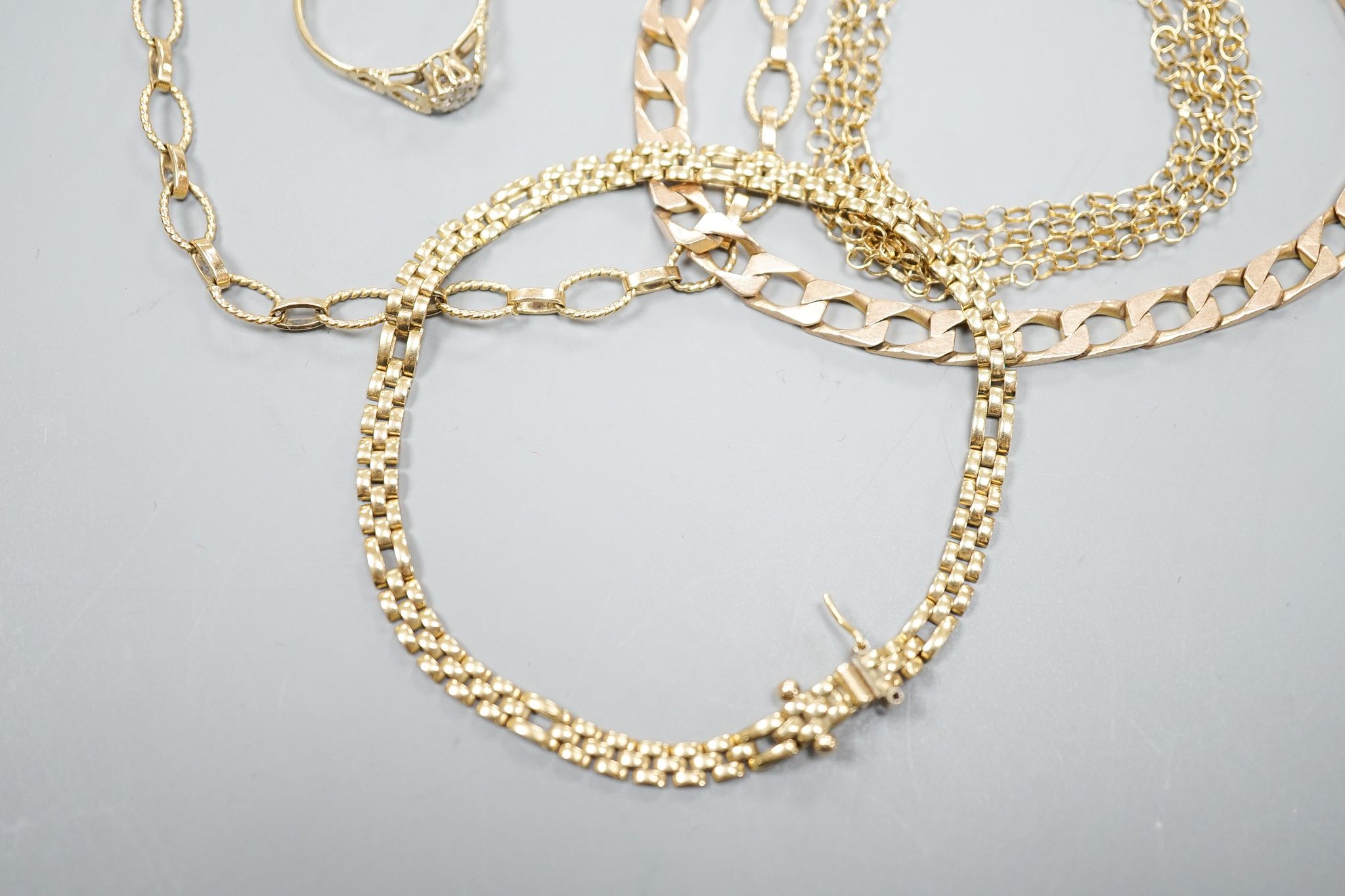 Three assorted 9ct gold bracelets, a 9k chain and a 9ct gold and diamond chip set ring, gross 24.4 grams.